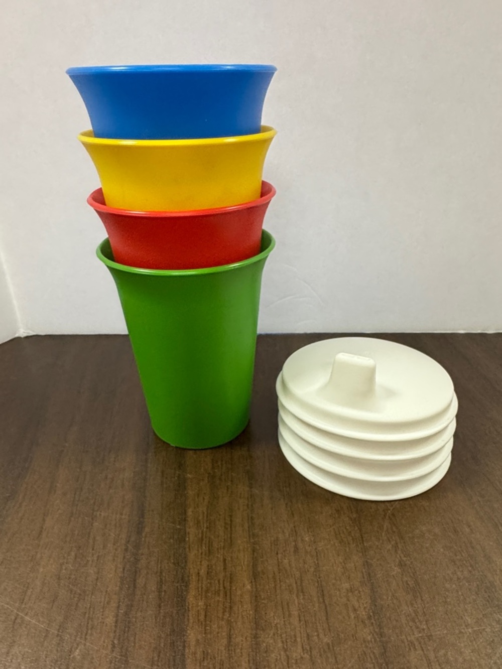 Tupperware Stacking Cups with White Lids - Blue, Yellow, Red, Green